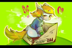 Size: 1828x1216 | Tagged: safe, artist:mistleinn, imported from derpibooru, oc, oc only, oc:littlepip, pony, unicorn, fallout equestria, blushing, box, butt, fanfic art, female, pipbuck, simple background, sitting