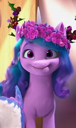 Size: 587x982 | Tagged: safe, imported from derpibooru, screencap, izzy moonbow, zipp storm, pegasus, pony, unicorn, spoiler:g5, spoiler:winter wishday, cute, female, floral head wreath, flower, g5, izzybetes, mare, my little pony: make your mark, my little pony: make your mark chapter 3, smiling, solo focus, winter wishday
