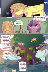 Size: 960x1440 | Tagged: safe, alternate version, artist:cold-blooded-twilight, imported from derpibooru, fluttershy, spike, twilight sparkle, dragon, pegasus, pony, unicorn, cold blooded twilight, comic:cold storm, comic, dialogue, eyes closed, female, flower, flower in hair, golden oaks library, looking up, male, mare, open mouth, open smile, smiling, speech bubble, sunset, sweat, sweatdrop