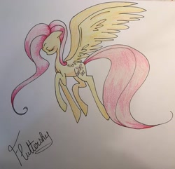 Size: 2126x2048 | Tagged: safe, artist:lovylovecristal, imported from derpibooru, fluttershy, pegasus, pony, eyes closed, female, large wings, long tail, mare, name, solo, spread wings, tail, traditional art, wings