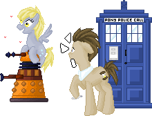 Size: 220x168 | Tagged: safe, artist:lovylovecristal, imported from derpibooru, derpy hooves, doctor whooves, time turner, alien, earth pony, pegasus, pony, animated, dalek, doctor who, emanata, female, floating, gif, heart, loop, male, mare, pixel art, riding, simple background, stallion, tardis, transparent background