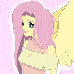 Size: 1280x1280 | Tagged: safe, artist:tsavorite-tears, imported from derpibooru, fluttershy, human, clothes, female, hair over one eye, humanized, looking at you, off shoulder, pink background, pony coloring, simple background, smiling, smiling at you, solo, spread wings, winged humanization, wings