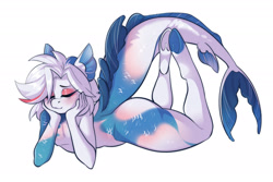 Size: 2351x1567 | Tagged: safe, artist:zenexart, imported from derpibooru, oc, oc only, anthro, fish, original species, unguligrade anthro, butt, ear fins, eyelashes, eyes closed, eyeshadow, femboy, fish tail, hair, hand on face, hips, hooves, legs raised, lidded eyes, lying down, makeup, male, prone, scales, short hair, simple background, solo, tail, the pose, thighs, white background