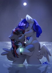 Size: 2058x2837 | Tagged: safe, artist:pledus, imported from derpibooru, oc, oc only, pegasus, pony, embrace, eyes closed, female, floppy ears, french kiss, full moon, kissing, male, mare, moon, oc x oc, partially submerged, shipping, spread wings, stallion, straight, water, wings