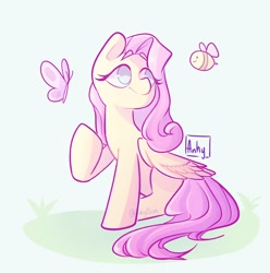 Size: 1856x1872 | Tagged: safe, artist:anyhdm, imported from derpibooru, fluttershy, bee, butterfly, insect, pegasus, pony, beige background, eyebrows, female, folded wings, grass, looking at something, looking up, no pupils, raised hoof, simple background, sitting, solo, turned head, wings