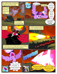 Size: 612x792 | Tagged: safe, artist:newbiespud, edit, edited screencap, imported from derpibooru, screencap, discord, lord tirek, rainbow dash, centaur, pegasus, pony, taur, comic:friendship is dragons, abs, angry, blast, comic, d:, dialogue, female, flying, glowing, glowing horn, horn, horns, magic, magic blast, male, mare, onomatopoeia, open mouth, underhoof, wings