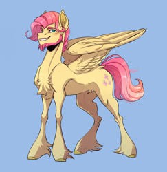 Size: 1894x1945 | Tagged: safe, artist:1an1, imported from derpibooru, fluttershy, pegasus, pony, butterscotch, chest fluff, curly mane, ears, facial hair, feather, feathered wings, fetlock tuft, goatee, hooves, looking at you, male, nostrils, pegasus wings, redraw, rule 63, short mane, smiling, snout, solo, sternocleidomastoid, tail, thin legs, wings