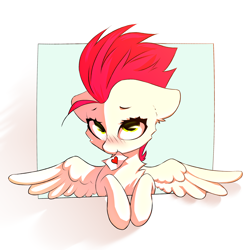 Size: 3000x3000 | Tagged: safe, artist:o0o-bittersweet-o0o, imported from derpibooru, oc, oc:bittersweet, pegasus, pony, blushing, chest fluff, colored, digital art, doodle, ear fluff, eyebrows, female, floppy ears, heart, hooves to the chest, looking at you, looking up, mare, mouth hold, paper, raised eyebrow, sketch, smiling, solo, spread wings, wings