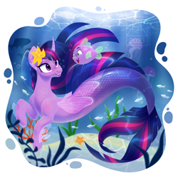 Size: 2160x2160 | Tagged: safe, artist:bluefeathercat, imported from derpibooru, spike, twilight sparkle, alicorn, fish, jellyfish, merpony, pony, puffer fish, seapony (g4), starfish, bubble, clothes, coral, crepuscular rays, curved horn, cute, digital art, female, fin wings, fins, fish tail, flower, flower in hair, flowing mane, flowing tail, green eyes, happy, high res, horn, logo, looking at each other, looking at someone, male, mare, mermay, ocean, open mouth, open smile, purple eyes, seaponified, seapony twilight, seaweed, see-through, smiling, smiling at each other, solo, species swap, spike the pufferfish, sunlight, swimming, tail, teeth, twilight sparkle (alicorn), underwater, water, watermark, wings