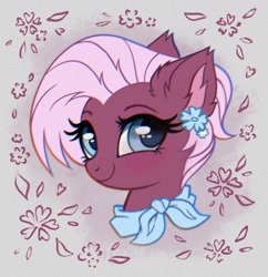 Size: 1508x1561 | Tagged: safe, artist:confetticakez, imported from derpibooru, jasmine leaf, earth pony, pony, abstract background, bust, chromatic aberration, ear fluff, female, flower, flower in hair, looking at you, mare, smiling, smiling at you, solo