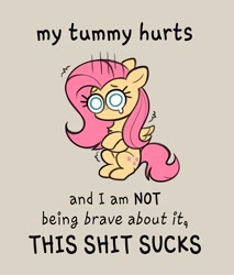 Size: 2321x2727 | Tagged: safe, artist:confetticakez, imported from derpibooru, fluttershy, pegasus, pony, big eyes, cute, emanata, female, mare, relatable, shivering, shyabetes, sitting, solo, teary eyes, text, tummy ache, vulgar, watching