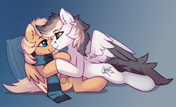 Size: 2880x1756 | Tagged: safe, artist:taneysha, imported from derpibooru, oc, oc only, oc:keji, oc:mirta whoowlms, pegasus, pony, clothes, couple, female, gradient background, kejitash, looking at each other, looking at someone, male, mare, oc x oc, pegasus oc, scarf, shipping, smiling, smiling at each other, stallion, straight, striped scarf