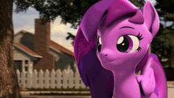 Size: 1280x720 | Tagged: artist needed, safe, imported from derpibooru, oc, oc:emilia starsong, pegasus, pony, 3d, animated, background, blinking, breathing, cloud, female, fence, garden, gif, house, mare, moving, solo, source filmmaker, tree