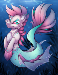 Size: 2550x3300 | Tagged: safe, artist:mychelle, imported from derpibooru, oc, oc only, hybrid, merpony, seapony (g4), absurd resolution, bubble, chest fluff, colored pupils, crepuscular rays, cute, digital art, dorsal fin, ear fluff, eyeshadow, fin, fins, fish tail, flowing mane, flowing tail, lidded eyes, looking at you, makeup, male, mermaid tail, ocean, red mane, red tail, rock, seaponified, seaweed, smiling, smiling at you, solo, species swap, stallion, sunlight, swimming, tail, underwater, water