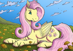 Size: 1728x1200 | Tagged: safe, artist:saltwaterstier, imported from derpibooru, fluttershy, pegasus, pony, cute, female, flower, flower field, grass, grass field, hoers, looking away, lying down, mare, prone, shyabetes, sky, smiling, solo