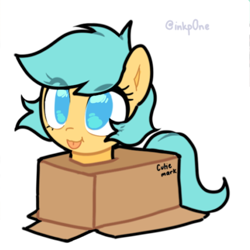 Size: 562x562 | Tagged: safe, artist:inkp0ne, edit, part of a set, oc, oc only, oc:boxfilly, pegasus, pony, :p, box, eye clipping through hair, fake cutie mark, lying, pegasus oc, signature, simple background, solo, tongue out, white background, wings