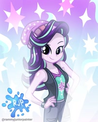 Size: 1080x1335 | Tagged: safe, artist:rjp.rammy, imported from derpibooru, starlight glimmer, human, equestria girls, equestria girls series, armpits, bare shoulders, beanie, blushing, breasts, cleavage, clothes, eyebrows, female, hand on hip, hat, looking at you, raised eyebrow, signature, sleeveless, smiling, smiling at you, solo, tanktop, watch