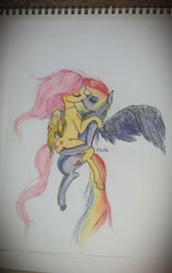 Size: 808x1280 | Tagged: safe, artist:pinkiepony, imported from ponybooru, fluttershy, rainbow dash, pegasus, semi-anthro, eyes closed, female, flutterdash, kissing, large wings, lesbian, mare, pinkiepony, shipping, simple background, spread wings, traditional art, wings