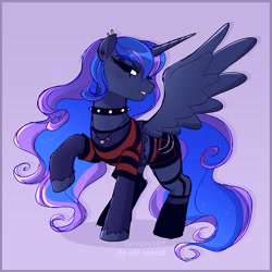 Size: 2048x2048 | Tagged: safe, artist:syrupyyy, imported from twibooru, princess luna, alicorn, pony, choker, clothes, female, fishnet clothing, image, jewelry, mare, necklace, needs more jpeg, punk, shirt, socks, solo, spiked choker, spread wings, stockings, striped shirt, thigh highs, wings