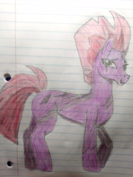 Size: 2416x3216 | Tagged: safe, artist:dust, derpibooru exclusive, imported from derpibooru, fizzlepop berrytwist, tempest shadow, pony, unicorn, adult blank flank, blank flank, colored, colored pencil drawing, eye scar, facial scar, female, lined paper, looking at you, mare, no armor, pencil drawing, scar, scared, shading, shading practice, smiling, solo, traditional art