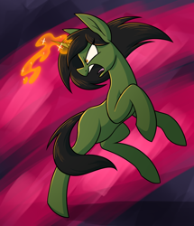 Size: 1306x1521 | Tagged: safe, artist:moonatik, imported from derpibooru, oc, oc:grim fate, pony, unicorn, abstract background, action pose, angry, blank flank, fanfic art, magic, solo, teenager, younger