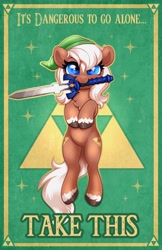 Size: 2650x4096 | Tagged: safe, artist:confetticakez, imported from derpibooru, earth pony, pony, cute, epona, it's dangerous to go alone, looking at you, master sword, mouth hold, ponified, solo, sword, the legend of zelda, weapon