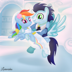 Size: 1400x1400 | Tagged: safe, artist:mlplary6, imported from derpibooru, rainbow dash, soarin', pegasus, pony, bridal carry, bride, carrying, clothes, dress, female, flower, flower in hair, flying, groom, husband and wife, just married, looking at each other, looking at someone, looking at you, male, mare, marriage, married couple, rainbow dash's house, romantic, shipping, smiling, smiling at you, soarindash, stallion, straight