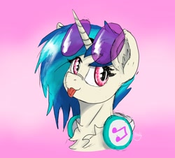 Size: 3180x2874 | Tagged: safe, artist:reddthebat, imported from derpibooru, dj pon-3, vinyl scratch, pony, unicorn, bust, chest fluff, female, gradient background, headphones, mare, solo, sternocleidomastoid, sunglasses, sunglasses on head, tongue out