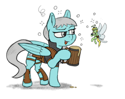 Size: 1646x1313 | Tagged: safe, artist:sprontr, imported from derpibooru, oc, oc only, oc:edelweiss the seeker, oc:silver lining, breezie, pegasus, alcohol, armor, bag, beer, drunk, drunk bubbles, duo, fantasy class, female, messenger bag, mug, rogue, simple background, white background