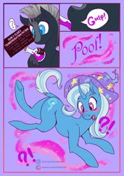 Size: 3508x4960 | Tagged: safe, artist:liechisenshi, imported from derpibooru, trixie, oc, oc:platinum shadow, pegasus, pony, unicorn, blushing, character to character, exclamation point, female, hat, interrobang, male, male to female, mare, open mouth, poof, potion, question mark, rule 63, stallion, transformation, transgender transformation
