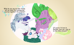 Size: 2286x1400 | Tagged: safe, artist:miyalaflordorada, imported from derpibooru, rarity, spike, oc, oc:darling miracle gem, oc:diamond, dracony, dragon, hybrid, pony, unicorn, baby, crying, family, female, filly, foal, half-siblings, interspecies offspring, male, mare, offspring, older, older spike, parent:rarity, parent:spike, parent:unnamed oc, parents:canon x oc, parents:sparity, tears of joy, text