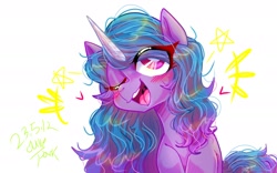 Size: 1920x1200 | Tagged: safe, alternate version, artist:jully-park, imported from derpibooru, izzy moonbow, pony, unicorn, g5, one eye closed, open mouth, simple background, smiling, solo, white background, wink