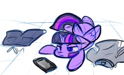 Size: 1330x805 | Tagged: safe, artist:zutcha, imported from derpibooru, twilight sparkle, alicorn, pony, blush sticker, blushing, cellphone, clothes, female, frown, lidded eyes, lying down, mare, pants, phone, prone, shirt, simple background, sketch, smartphone, solo, sploot, twilight sparkle (alicorn), white background