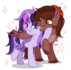 Size: 2949x2905 | Tagged: safe, artist:cursed soul, imported from derpibooru, oc, oc only, oc:autumn rosewood, oc:dreaming bell, pegasus, unicorn, beret, chest fluff, commission, cuddling, female, happy, hat, horn, male, mare, pegasus oc, simple background, smiling, stallion, two toned coat, unicorn oc, unshorn fetlocks, white background, wings, ych result