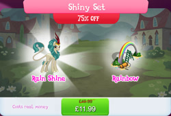 Size: 1270x858 | Tagged: safe, imported from derpibooru, rain shine, kirin, bundle, bush, costs real money, english, female, gameloft, horn, ladder, mobile game, my little pony: magic princess, numbers, official, rainbow, sale, solo, text
