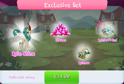 Size: 1271x858 | Tagged: safe, imported from derpibooru, rain shine, kirin, bundle, bush, costs real money, english, female, gameloft, gem, horn, ladder, mobile game, my little pony: magic princess, numbers, official, rainbow, rainbow waterfall, sale, solo, text