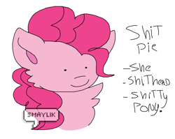 Size: 1218x968 | Tagged: safe, artist:smaylik, imported from derpibooru, pinkie pie, earth pony, pony, bust, chest fluff, female, joke, mare, quality, shitposting, simple background, solo, vulgar, watermark, white background