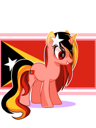 Size: 720x960 | Tagged: safe, artist:diniarvegafinahar, imported from derpibooru, pony, unicorn, east timor, eye clipping through hair, female, flag, mare, nation ponies, ponified, simple background, smiling, solo, stars, timor-leste, white background