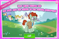 Size: 1959x1298 | Tagged: safe, imported from derpibooru, quiet time, earth pony, pony, advertisement, balloon pop, clothes, english, female, gameloft, glasses, mare, mobile game, my little pony: magic princess, official, solo, text