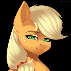 Size: 1024x1024 | Tagged: safe, artist:villjulie, imported from derpibooru, applejack, earth pony, pony, black background, bust, ear cleavage, female, lidded eyes, looking at you, mare, portrait, simple background, smiling, solo