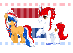 Size: 960x697 | Tagged: safe, artist:diniarvegafinahar, imported from derpibooru, oc, oc:ember (hwcon), oc:stroopwafeltje, earth pony, pony, unicorn, duo, eye clipping through hair, female, flag, male, mare, nation ponies, netherlands, ponified, simple background, smiling, stallion, unshorn fetlocks, white background