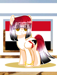 Size: 720x960 | Tagged: safe, artist:diniarvegafinahar, imported from derpibooru, pegasus, pony, bracelet, colored wings, egypt, eye clipping through hair, female, flag, gradient mane, gradient tail, jewelry, mare, multicolored wings, nation ponies, ponified, solo, tail, wings