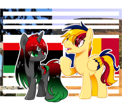 Size: 640x583 | Tagged: safe, artist:diniarvegafinahar, imported from derpibooru, alicorn, pegasus, pony, chad (country), colored wings, duo, eye clipping through hair, female, flag, gradient mane, gradient tail, heterochromia, libya, lidded eyes, male, mare, multicolored wings, nation ponies, open mouth, ponified, raised hoof, simple background, stallion, tail, white background, wings