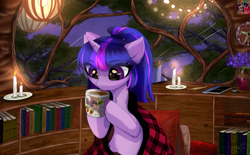 Size: 3782x2340 | Tagged: safe, artist:empress-twilight, imported from derpibooru, twilight sparkle, pony, unicorn, blanket, book, bookshelf, candle, clock, coffee, drinking, eye clipping through hair, eyebrows, eyebrows visible through hair, eyelashes, female, flower, high res, horn, indoors, lantern, mare, mug, night, notebook, picture frame, pillow, ponytail, sky, solo, tongue out, tree, unicorn twilight, unshorn fetlocks, window