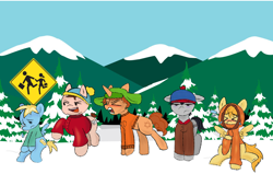 Size: 2200x1400 | Tagged: safe, artist:anonymare, imported from derpibooru, earth pony, pegasus, pony, unicorn, butters, butters stotch, crossover, eric cartman, kenny mccormick, kyle broflovski, leopold stotch, ponified, south park, stan marsh