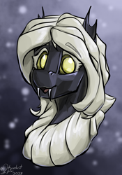 Size: 2800x4000 | Tagged: safe, artist:stardustspix, imported from derpibooru, oc, oc:io, changeling, moth, mothling, original species, abstract background, bust, changeling oc, colored eyebrows, colored eyelashes, eyebrows, eyebrows visible through hair, fangs, female, looking at you, open mouth, portrait, solo, transgender, transgender oc, yellow changeling, yellow eyes, yellow mane
