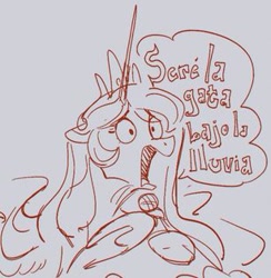 Size: 307x315 | Tagged: safe, artist:coypuppy, imported from derpibooru, princess celestia, alicorn, pony, la gata bajo la lluvia, lineart, microphone, rocio durcal, simple background, singing, sketch, solo, song reference, spanish, speech bubble, white background