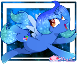 Size: 4050x3313 | Tagged: safe, artist:misscupcake333, artist:tanahgrogot, imported from derpibooru, oc, oc only, oc:viola margaretha, alicorn, pony, base used, cute, female, flying, galaxy, happy, mare, ocbetes, open mouth, open smile, simple background, smiling, solo, transparent background, vector