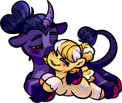Size: 1547x1314 | Tagged: safe, artist:sexygoatgod, imported from derpibooru, oc, oc only, oc:blacklight bulb, oc:lemon meringue, earth pony, pony, unicorn, chibi, cuddling, curved horn, duo, eyes closed, female, horn, leonine tail, simple background, size difference, tail, transparent background