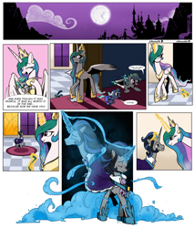 Size: 3510x4096 | Tagged: safe, artist:razzy, idw, imported from derpibooru, king sombra, princess celestia, oc, oc:light breeze, alicorn, bat pony, unicorn, spoiler:comic, bat pony oc, celestibra, comic, female, flying, good king sombra, high res, hoof shoes, jewelry, magic, male, mare, mirror universe, moon, offspring, parent and child, parent:good king sombra, parent:king sombra, parent:princess celestia, parent:princess luna, parents:celestibra, regalia, scenery, shipping, spread wings, straight, transformation, wings